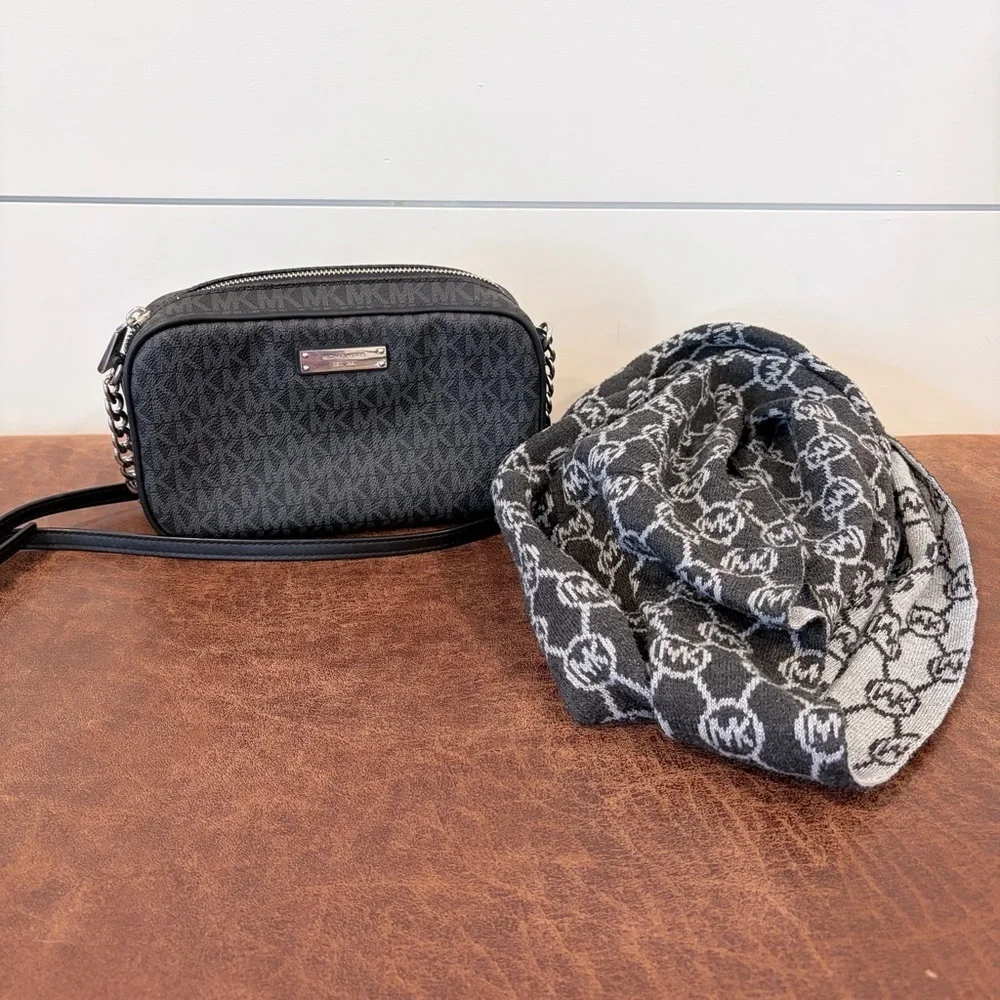 Michael Kors Charcoal Logo Classic Crossbody Bag with Chic Infinity Scarf